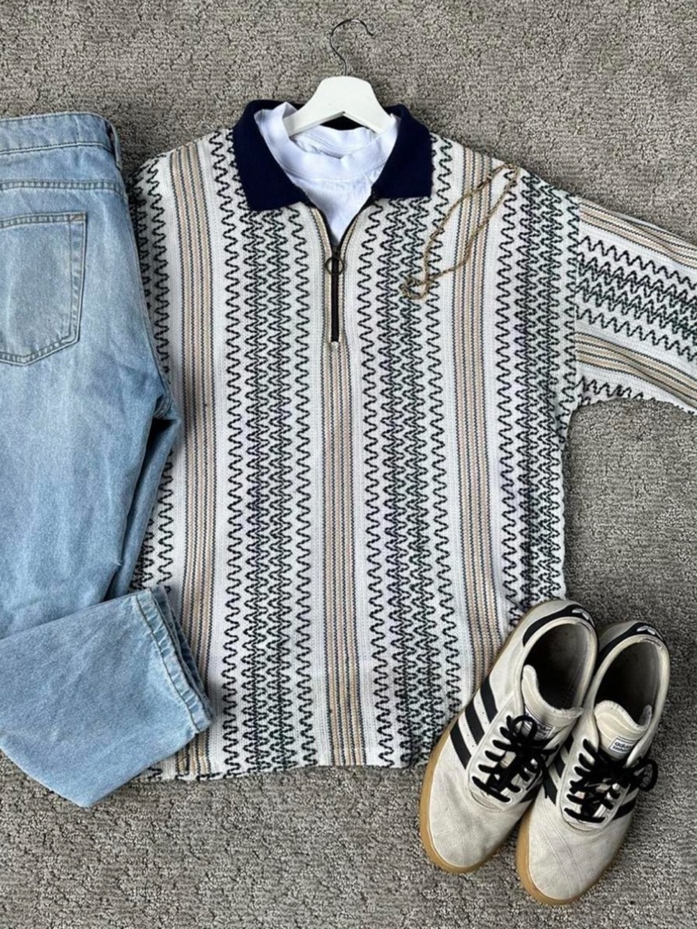 Men's Striped Zip Polo - Navy & Cream